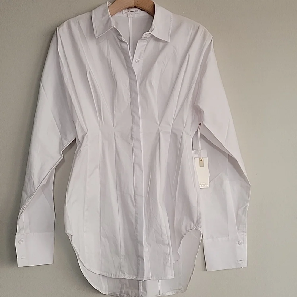 Good American NWT White Button-Up Poplin Dolman Sleeve Pleated Shirt - Picture 3 of 10
